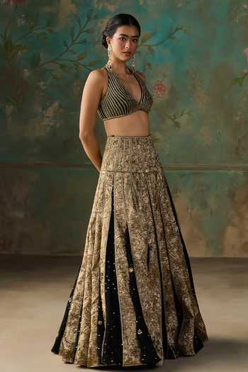 Zoon Black Crepe, Lurex, Net Halter Neck Aari Embroidered Kalidar Lehenga Set Online at Aza Fashions Zoon_Black Crepe, Lurex, Net Halter Neck Aari Embroidered Kalidar Lehenga Set _Online_at_Aza_Fashions
