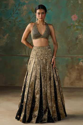Zoon Black Crepe, Lurex, Net Halter Neck Aari Embroidered Kalidar Lehenga Set at Aza Fashions Zoon_Black Crepe, Lurex, Net Halter Neck Aari Embroidered Kalidar Lehenga Set _at_Aza_Fashions