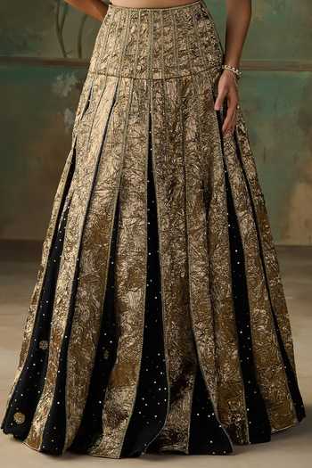 Buy Zoon Black Crepe, Lurex, Net Halter Neck Aari Embroidered Kalidar Lehenga Set Buy_Zoon_Black Crepe, Lurex, Net Halter Neck Aari Embroidered Kalidar Lehenga Set