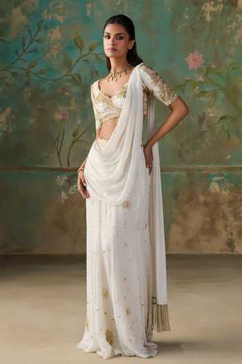 Zoon Gold Chinon, Silk, Chanderi, Foil Pre-draped Saree With Embroidered Blouse Online at Aza Fashions Zoon_Gold Chinon, Silk, Chanderi, Foil Pre-draped Saree With Embroidered Blouse _Online_at_Aza_Fashions