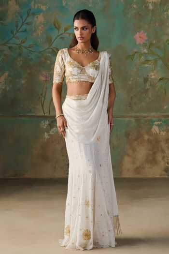 Buy Zoon Gold Chinon, Silk, Chanderi, Foil Pre-draped Saree With Embroidered Blouse Online at Aza Fashions Buy_Zoon_Gold Chinon, Silk, Chanderi, Foil Pre-draped Saree With Embroidered Blouse _Online_at_Aza_Fashions