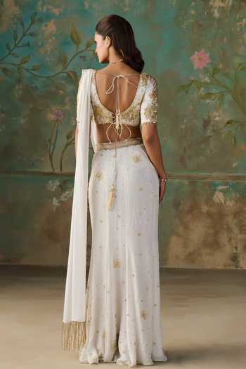 Zoon Foil Pre-Draped Saree With Embroidered Blouse