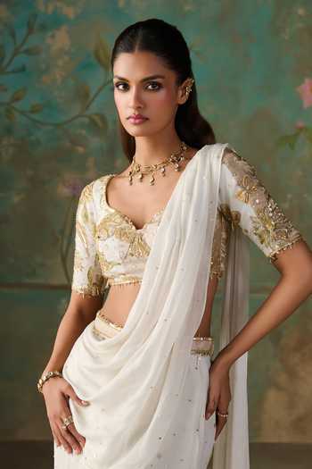 Shop Zoon Gold Chinon, Silk, Chanderi, Foil Pre-draped Saree With Embroidered Blouse Online at Aza Fashions Shop_Zoon_Gold Chinon, Silk, Chanderi, Foil Pre-draped Saree With Embroidered Blouse _Online_at_Aza_Fashions