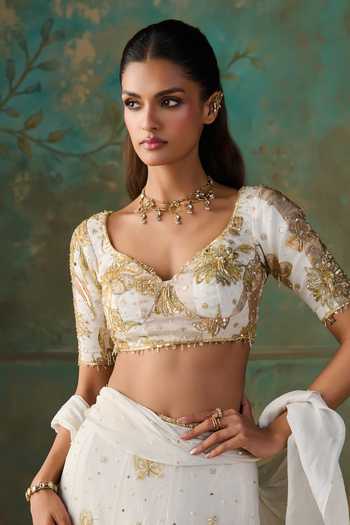 Zoon Gold Chinon, Silk, Chanderi, Foil Pre-draped Saree With Embroidered Blouse at Aza Fashions Zoon_Gold Chinon, Silk, Chanderi, Foil Pre-draped Saree With Embroidered Blouse _at_Aza_Fashions