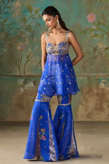 Shop Zoon Blue Silk Organza, Chanderi Silk, Crepe Sweetheart Embroidered Peplum Kurta Set Online at Aza Fashions Shop_Zoon_Blue Silk Organza, Chanderi Silk, Crepe Sweetheart Embroidered Peplum Kurta Set _Online_at_Aza_Fashions