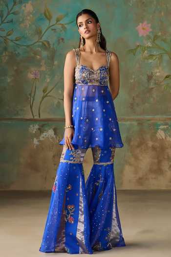 Buy Zoon Blue Silk Organza, Chanderi Silk, Crepe Sweetheart Embroidered Peplum Kurta Set Buy_Zoon_Blue Silk Organza, Chanderi Silk, Crepe Sweetheart Embroidered Peplum Kurta Set