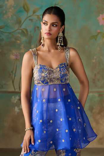 Shop Zoon Blue Silk Organza, Chanderi Silk, Crepe Sweetheart Embroidered Peplum Kurta Set Shop_Zoon_Blue Silk Organza, Chanderi Silk, Crepe Sweetheart Embroidered Peplum Kurta Set