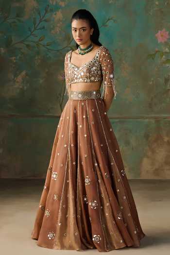 Zoon Brown Silk Organza, Tissue Sweetheart Neck Mirror Embroidered Lehenga Set Online at Aza Fashions Zoon_Brown Silk Organza, Tissue Sweetheart Neck Mirror Embroidered Lehenga Set _Online_at_Aza_Fashions