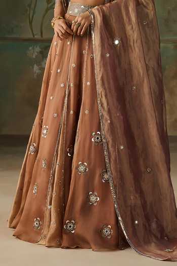 Buy Zoon Brown Silk Organza, Tissue Sweetheart Neck Mirror Embroidered Lehenga Set Online at Aza Fashions Buy_Zoon_Brown Silk Organza, Tissue Sweetheart Neck Mirror Embroidered Lehenga Set _Online_at_Aza_Fashions