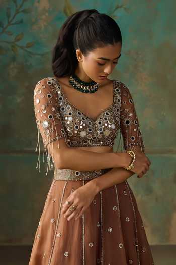 Shop Zoon Brown Silk Organza, Tissue Sweetheart Neck Mirror Embroidered Lehenga Set Online at Aza Fashions Shop_Zoon_Brown Silk Organza, Tissue Sweetheart Neck Mirror Embroidered Lehenga Set _Online_at_Aza_Fashions