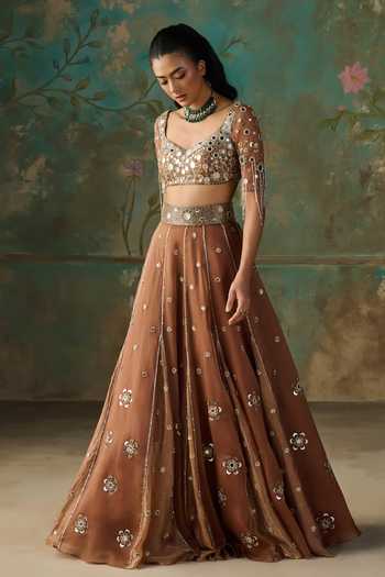 Zoon Brown Silk Organza, Tissue Sweetheart Neck Mirror Embroidered Lehenga Set at Aza Fashions Zoon_Brown Silk Organza, Tissue Sweetheart Neck Mirror Embroidered Lehenga Set _at_Aza_Fashions