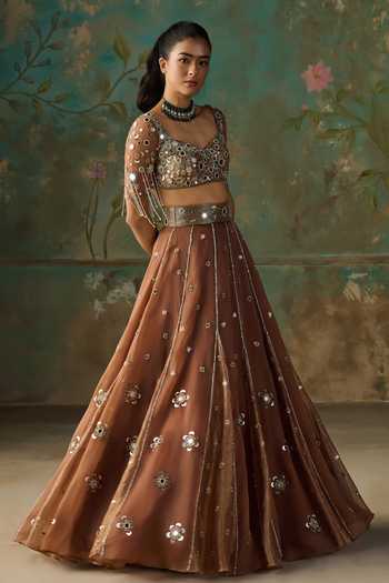 Buy Zoon Brown Silk Organza, Tissue Sweetheart Neck Mirror Embroidered Lehenga Set Buy_Zoon_Brown Silk Organza, Tissue Sweetheart Neck Mirror Embroidered Lehenga Set
