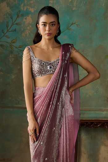 Zoon Pink Georgette Sweetheart Neck Foil Pre-draped Saree With Embroidered Blouse Online at Aza Fashions Zoon_Pink Georgette Sweetheart Neck Foil Pre-draped Saree With Embroidered Blouse _Online_at_Aza_Fashions
