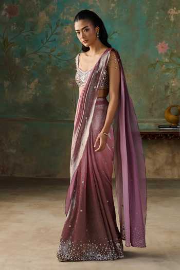 Buy Zoon Pink Georgette Sweetheart Neck Foil Pre-draped Saree With Embroidered Blouse Online at Aza Fashions Buy_Zoon_Pink Georgette Sweetheart Neck Foil Pre-draped Saree With Embroidered Blouse _Online_at_Aza_Fashions