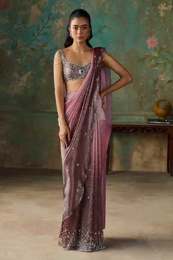 Zoon Foil Pre-Draped Saree With Embroidered Blouse
