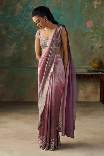 Shop Zoon Pink Georgette Sweetheart Neck Foil Pre-draped Saree With Embroidered Blouse Online at Aza Fashions Shop_Zoon_Pink Georgette Sweetheart Neck Foil Pre-draped Saree With Embroidered Blouse _Online_at_Aza_Fashions