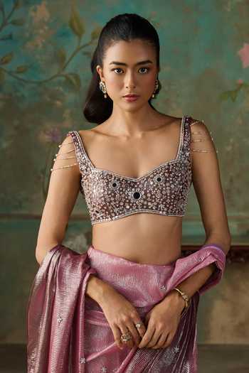 Zoon Pink Georgette Sweetheart Neck Foil Pre-draped Saree With Embroidered Blouse at Aza Fashions Zoon_Pink Georgette Sweetheart Neck Foil Pre-draped Saree With Embroidered Blouse _at_Aza_Fashions