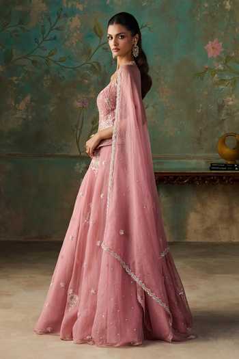 Buy Zoon Pink Silk, Organza Sweetheart Neck Aari Embroidered Lehenga Set Online at Aza Fashions Buy_Zoon_Pink Silk, Organza Sweetheart Neck Aari Embroidered Lehenga Set _Online_at_Aza_Fashions