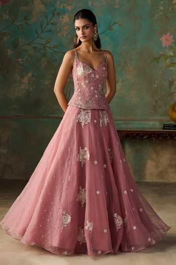 Shop Zoon Pink Silk, Organza Sweetheart Neck Aari Embroidered Lehenga Set Online at Aza Fashions Shop_Zoon_Pink Silk, Organza Sweetheart Neck Aari Embroidered Lehenga Set _Online_at_Aza_Fashions