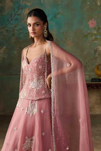Zoon Pink Silk, Organza Sweetheart Neck Aari Embroidered Lehenga Set at Aza Fashions Zoon_Pink Silk, Organza Sweetheart Neck Aari Embroidered Lehenga Set _at_Aza_Fashions