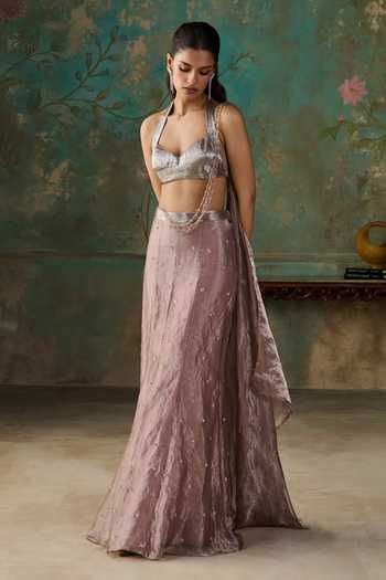 Zoon Pink Silk, Tissue Halter Neck Aari Embroidered Pre-draped Saree With Blouse at Aza Fashions Zoon_Pink Silk, Tissue Halter Neck Aari Embroidered Pre-draped Saree With Blouse _at_Aza_Fashions