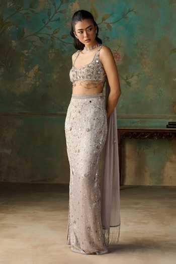 Zoon Silver Georgette Crystals, Tassels Scoop Neck Aari Embroidered Skirt Set Online at Aza Fashions Zoon_Silver Georgette Crystals, Tassels Scoop Neck Aari Embroidered Skirt Set _Online_at_Aza_Fashions