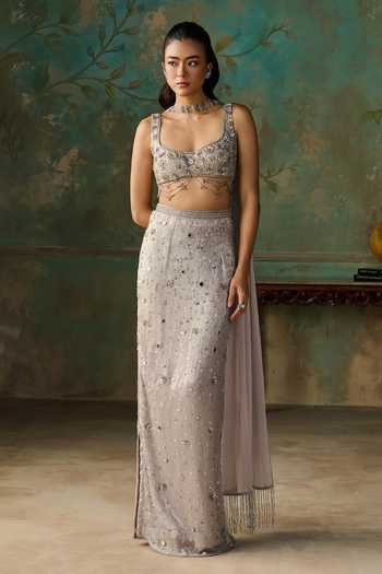 Buy Zoon Silver Georgette Crystals, Tassels Scoop Neck Aari Embroidered Skirt Set Online at Aza Fashions Buy_Zoon_Silver Georgette Crystals, Tassels Scoop Neck Aari Embroidered Skirt Set _Online_at_Aza_Fashions