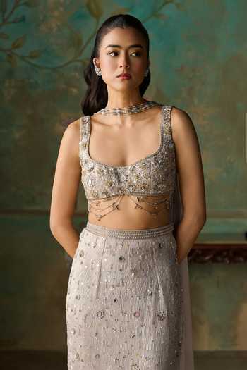 Shop Zoon Silver Georgette Crystals, Tassels Scoop Neck Aari Embroidered Skirt Set Online at Aza Fashions Shop_Zoon_Silver Georgette Crystals, Tassels Scoop Neck Aari Embroidered Skirt Set _Online_at_Aza_Fashions