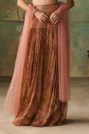 Zoon Pink Organza, Net Square Neck Printed Skirt Set Online at Aza Fashions Zoon_Pink Organza, Net Square Neck Printed Skirt Set _Online_at_Aza_Fashions