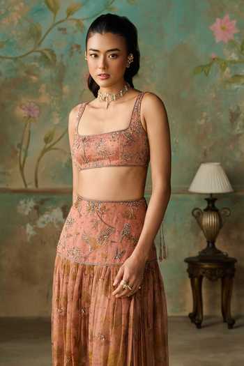 Shop Zoon Pink Organza, Net Square Neck Printed Skirt Set Online at Aza Fashions Shop_Zoon_Pink Organza, Net Square Neck Printed Skirt Set _Online_at_Aza_Fashions