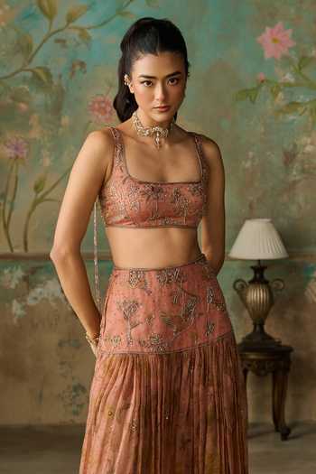 Zoon Pink Organza, Net Square Neck Printed Skirt Set at Aza Fashions Zoon_Pink Organza, Net Square Neck Printed Skirt Set _at_Aza_Fashions