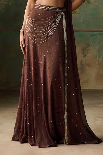 Zoon Wine Georgette, Satin, Chiffon Tassels Square Neck Embellished Skirt Set Online at Aza Fashions Zoon_Wine Georgette, Satin, Chiffon Tassels Square Neck Embellished Skirt Set _Online_at_Aza_Fashions
