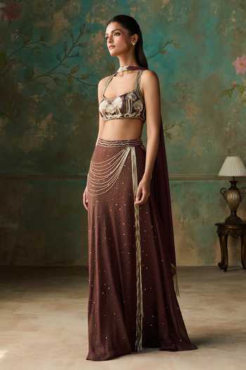Buy Zoon Wine Georgette, Satin, Chiffon Tassels Square Neck Embellished Skirt Set Online at Aza Fashions Buy_Zoon_Wine Georgette, Satin, Chiffon Tassels Square Neck Embellished Skirt Set _Online_at_Aza_Fashions