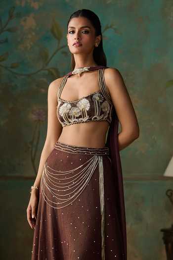 Shop Zoon Wine Georgette, Satin, Chiffon Tassels Square Neck Embellished Skirt Set Online at Aza Fashions Shop_Zoon_Wine Georgette, Satin, Chiffon Tassels Square Neck Embellished Skirt Set _Online_at_Aza_Fashions