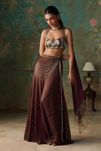 Zoon Wine Georgette, Satin, Chiffon Tassels Square Neck Embellished Skirt Set at Aza Fashions Zoon_Wine Georgette, Satin, Chiffon Tassels Square Neck Embellished Skirt Set _at_Aza_Fashions