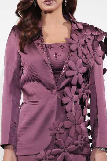 Jubinav Chadha Purple Satin Square Neck Pre-draped Saree Set With Embroidered Blazer Online at Aza Fashions Jubinav Chadha_Purple Satin Square Neck Pre-draped Saree Set With Embroidered Blazer _Online_at_Aza_Fashions