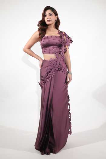 Buy Jubinav Chadha Purple Satin Square Neck Pre-draped Saree Set With Embroidered Blazer Online at Aza Fashions Buy_Jubinav Chadha_Purple Satin Square Neck Pre-draped Saree Set With Embroidered Blazer _Online_at_Aza_Fashions