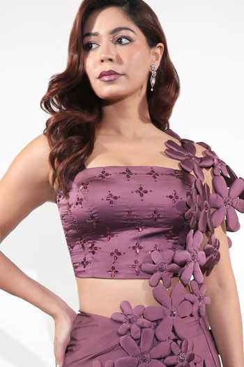 Shop Jubinav Chadha Purple Satin Square Neck Pre-draped Saree Set With Embroidered Blazer Online at Aza Fashions Shop_Jubinav Chadha_Purple Satin Square Neck Pre-draped Saree Set With Embroidered Blazer _Online_at_Aza_Fashions