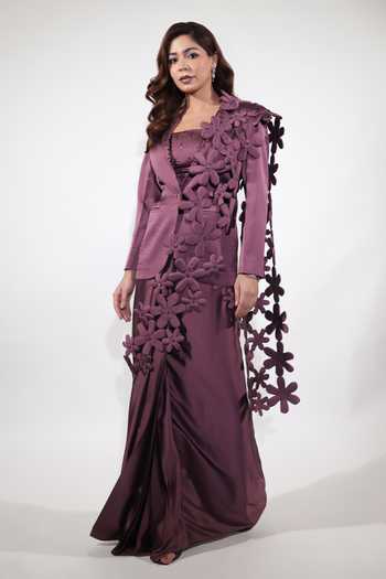 Jubinav Chadha Purple Satin Square Neck Pre-draped Saree Set With Embroidered Blazer at Aza Fashions Jubinav Chadha_Purple Satin Square Neck Pre-draped Saree Set With Embroidered Blazer _at_Aza_Fashions