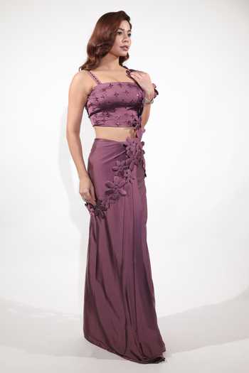 Shop Jubinav Chadha Purple Satin Square Neck Pre-draped Saree Set With Embroidered Blazer Shop_Jubinav Chadha_Purple Satin Square Neck Pre-draped Saree Set With Embroidered Blazer