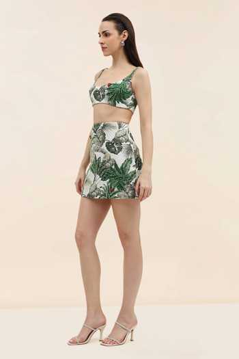 Tangerine Tiger_Multi Color Jacquard Square Neck Mira Eucalyptus Print Crop Top And Skirt Set _Online_at_Aza_Fashions