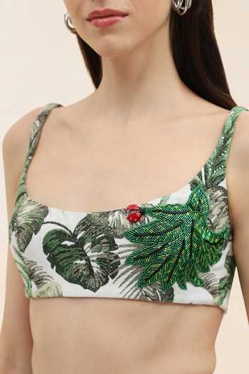 Buy_Tangerine Tiger_Multi Color Jacquard Square Neck Mira Eucalyptus Print Crop Top And Skirt Set _Online_at_Aza_Fashions