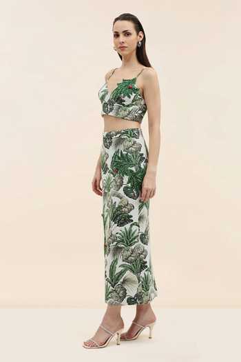 Tangerine Tiger_Multi Color Jacquard V-neck Camila Eucalyptus Print Crop Top And Skirt Set _Online_at_Aza_Fashions
