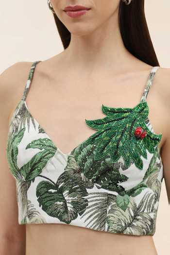 Buy_Tangerine Tiger_Multi Color Jacquard V-neck Camila Eucalyptus Print Crop Top And Skirt Set _Online_at_Aza_Fashions