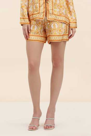 Tangerine Tiger_Orange Twill Elio Marigold Pineapple Print Shorts _Online_at_Aza_Fashions