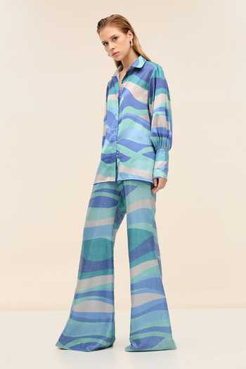 Tangerine Tiger Blue Satin Collared Neck Aqua Shirt Online at Aza Fashions Tangerine Tiger_Blue Satin Collared Neck Aqua Shirt _Online_at_Aza_Fashions
