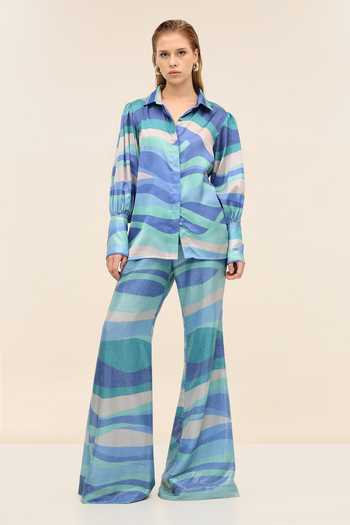 Buy Tangerine Tiger Blue Satin Collared Neck Aqua Shirt Online at Aza Fashions Buy_Tangerine Tiger_Blue Satin Collared Neck Aqua Shirt _Online_at_Aza_Fashions