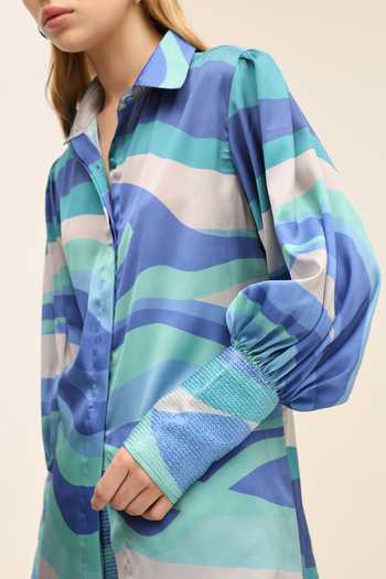 Shop Tangerine Tiger Blue Satin Collared Neck Aqua Shirt Online at Aza Fashions Shop_Tangerine Tiger_Blue Satin Collared Neck Aqua Shirt _Online_at_Aza_Fashions