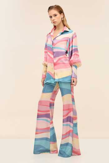 Tangerine Tiger Multi Color Satin Collared Neck Aqua Skye Shirt Online at Aza Fashions Tangerine Tiger_Multi Color Satin Collared Neck Aqua Skye Shirt _Online_at_Aza_Fashions