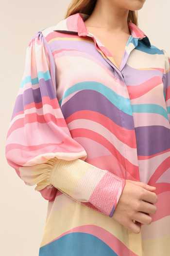 Shop Tangerine Tiger Multi Color Satin Collared Neck Aqua Skye Shirt Online at Aza Fashions Shop_Tangerine Tiger_Multi Color Satin Collared Neck Aqua Skye Shirt _Online_at_Aza_Fashions